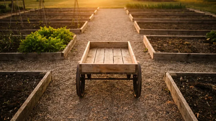 Website speed optimization services — a wooden garden cart with oiled iron wheels rolling fast down a straight gravel path at dusk — Caleb Schallert.