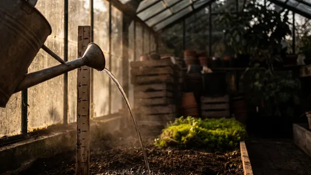 Website speed optimization services — a watering can's stream measured against a marked wooden gauge — Caleb Schallert.