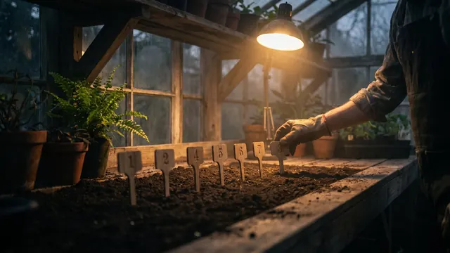 YouTube SEO services — seven numbered wooden markers planted in a straight line on a potting bench — Caleb Schallert.