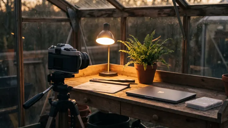 YouTube SEO services — a small camera on a tripod aimed at a potting bench with a clapperboard, a closed laptop and memory cards under a desk lamp — Caleb Schallert.