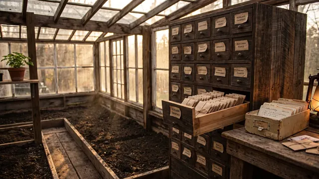 YouTube SEO services — a seed library of labeled drawers with one drawer open showing sorted packets — Caleb Schallert.
